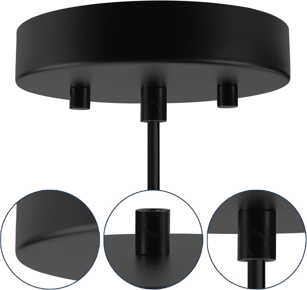 Close-up of the Cirrus Pendant Light by Dryft Home, featuring a black finish with a circular base and three downward-facing 3D-printed bulb holders. Inset images display detailed views of each bulb holder, highlighting their intricate design and flawless finish.