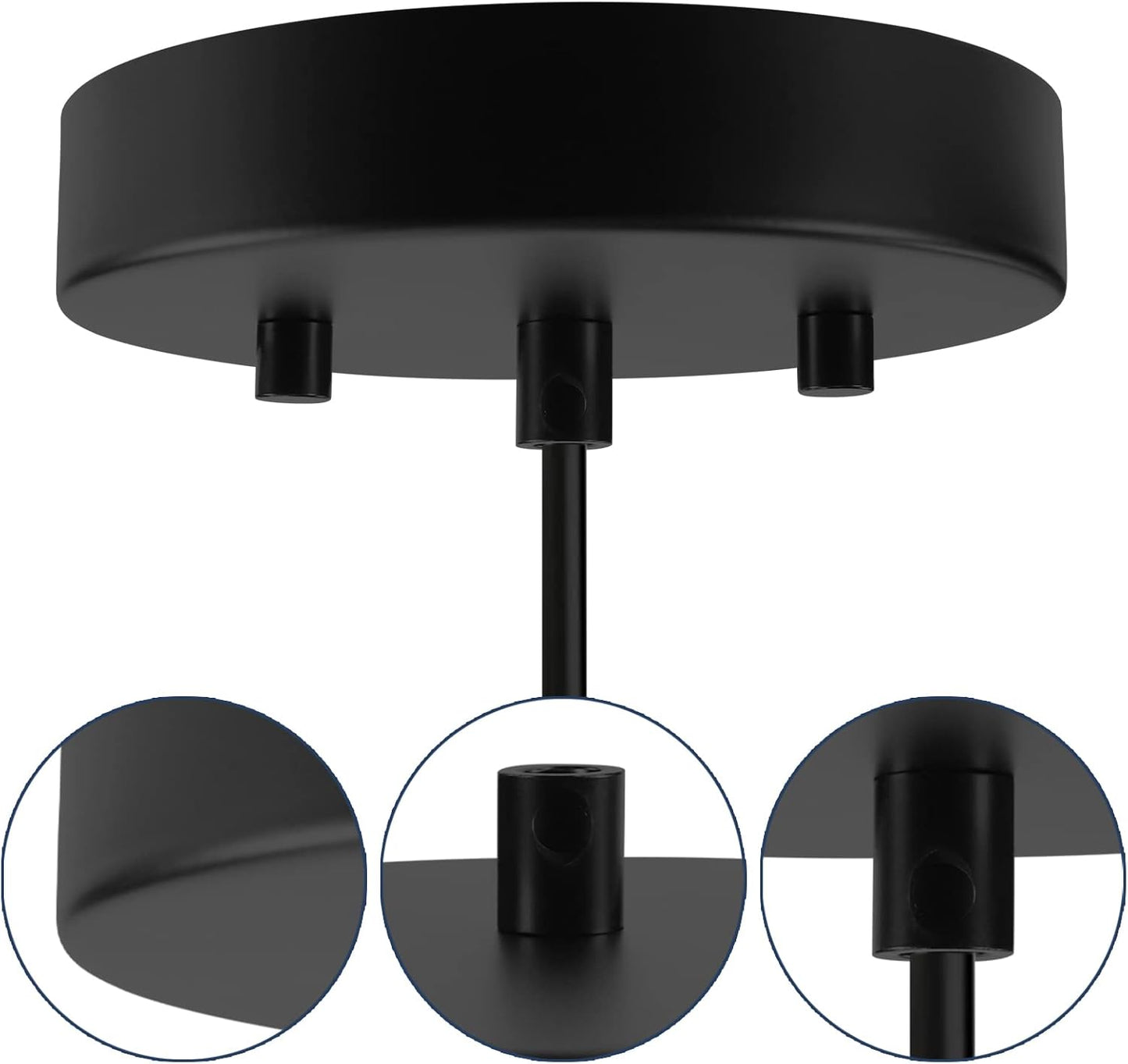Close-up of the Cirrus Pendant Light by Dryft Home, featuring a black finish with a circular base and three downward-facing 3D-printed bulb holders. Inset images display detailed views of each bulb holder, highlighting their intricate design and flawless finish.