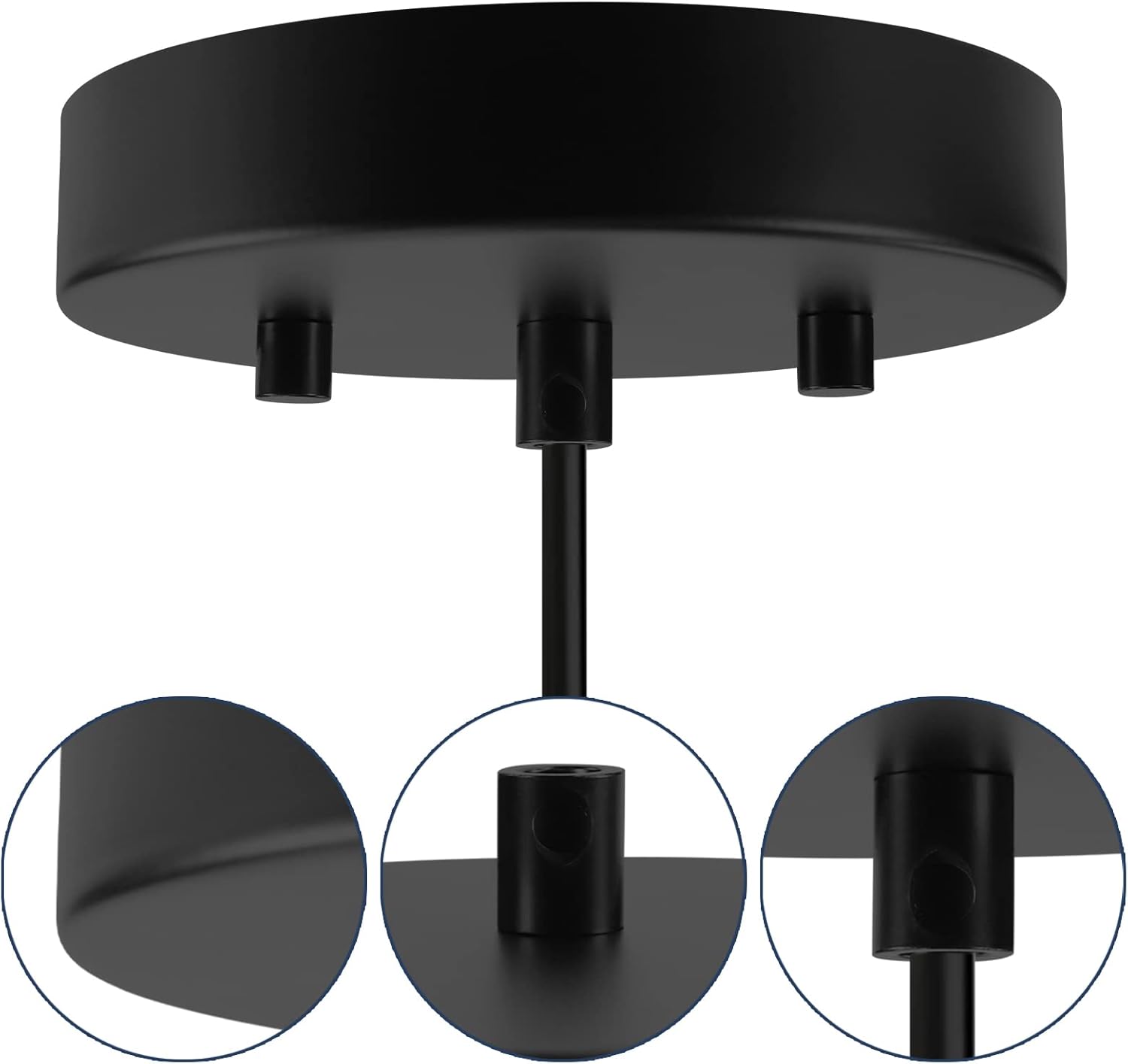 Close-up of the Cirrus Pendant Light by Dryft Home, featuring a black finish with a circular base and three downward-facing 3D-printed bulb holders. Inset images display detailed views of each bulb holder, highlighting their intricate design and flawless finish.