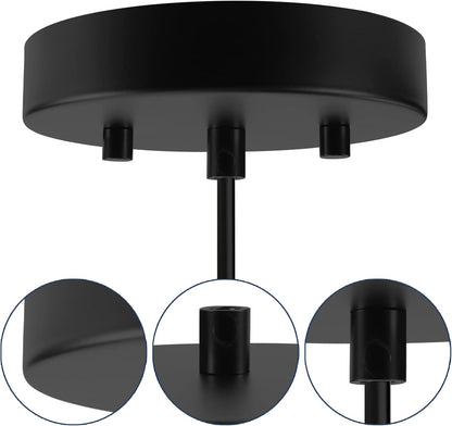 Close-up of the Cirrus Pendant Light by Dryft Home, featuring a black finish with a circular base and three downward-facing 3D-printed bulb holders. Inset images display detailed views of each bulb holder, highlighting their intricate design and flawless finish.