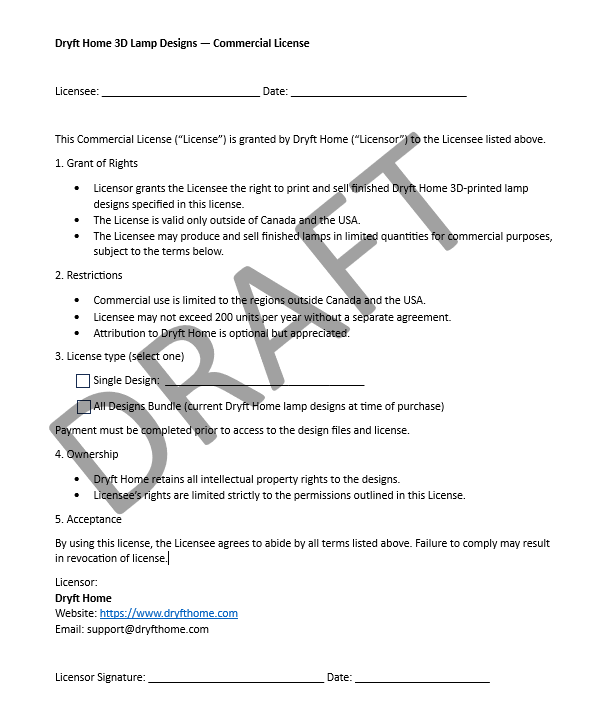 Dryft Home Commercial License (Outside Canada/USA)